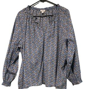 J.Crew 3X Floral Ruffle-Neck Popover Blouse Blue Long Sleeve Plus Size Boho Top